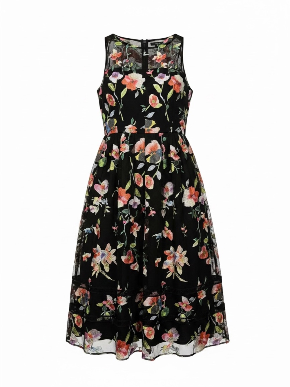 Adrianna Papell Black Floral Mesh Fit-and-Flare Dress Beaded lined formal dress